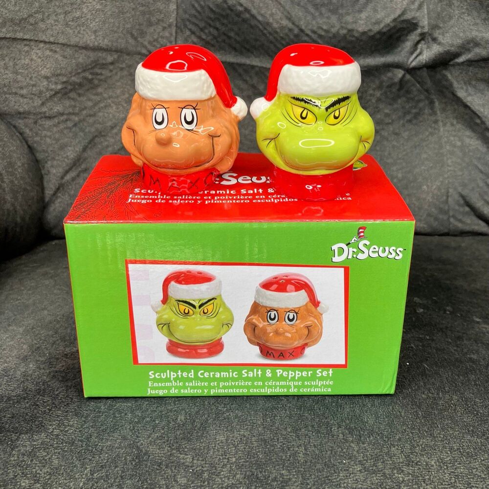 Vandor 2021 Dr Seuss Grinch & Max Christmas Sculpted Ceramic Salt & Pepper Set